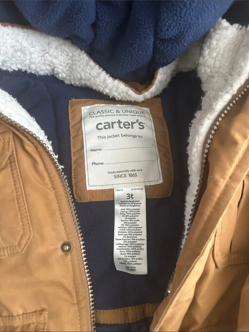 Carter's Tan Hooded Puffer Coat with Faux Fur Trim